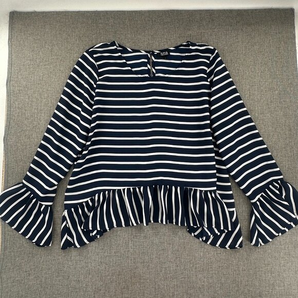 a.n.a A New Approach Top Striped Navy & White Long Sleeve Ruffled Hem Round Neck - Picture 3 of 11